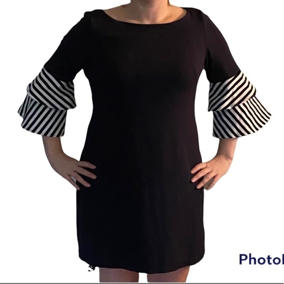 Eliza J Navy Dress with 3/4 Navy/White Stripe Bell Sleeves, Great condition - Picture 2 of 8